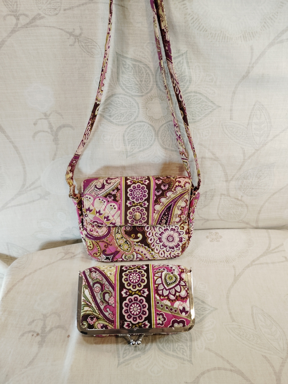 Vera Bradley Pink Purple Paisley Crossbody Bag with Matching Cosmetic Case